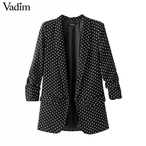 women polka dot blazer padded shoulder Notched collar long sleeve coat casual outerwear casaco feminine tops CT1484