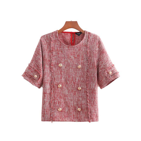 women retro tweed blouse buttons decorate tassel patchwork short sleeve o neck shirts female vintage tops blusas DA175