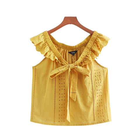 women ruffled hollow out embroidery blouse bow tie collar sleeveless Eyelet shirts ladies casual chic tops blusas WA130