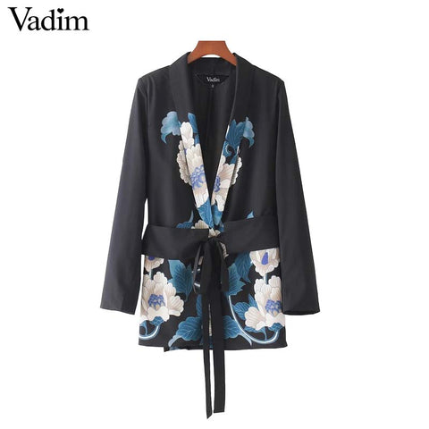women sashes floral blazer Notched collar long sleeve coat vintage ladies casual brand outerwear casaco tops CT1527