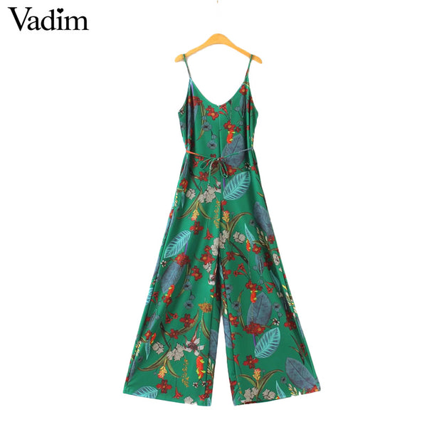 women sexy V neck vintage floral jumpsuits sashes spaghetti strap sleeveless rompers ladies summer casual playsuits KZ992