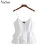 women sexy V neck white camis shirts sweet ruffles sleeveless backless blouses ladies summer casual tops blusas WT500