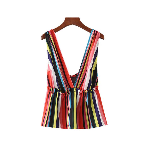 women sexy color striped blouse V neck sleeveless backless shirts summer ladies casual streetwear tops blusas WA132
