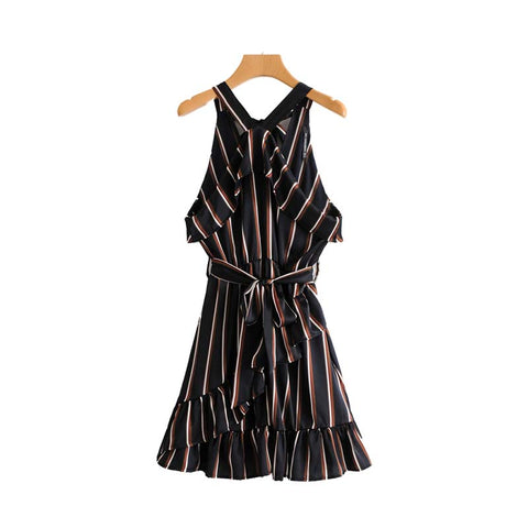women sexy halter striped dress bow tie sashes ruffled sleeveless elastic waist ladies chic mini dresses vestidos QZ3722