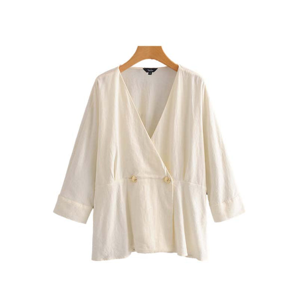 women stylish cross V neck loose blouse button pleated long sleeve shirts ladies summer white casual tops blusas LA202