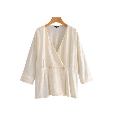 women stylish cross V neck loose blouse button pleated long sleeve shirts ladies summer white casual tops blusas LA202