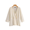 women stylish cross V neck loose blouse button pleated long sleeve shirts ladies summer white casual tops blusas LA202