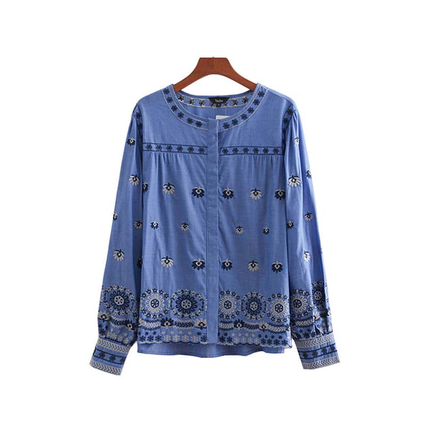 women stylish denim blouse floral embroidery long sleeve o neck pleated shirts ladies office wear casual blusas LA208