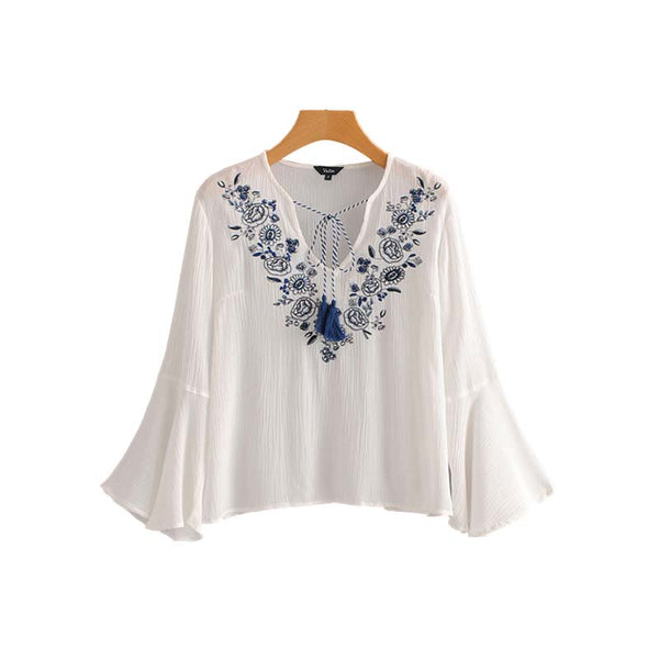 women stylish floral embroidery blouse V neck ruffled flare sleeve tassel tie shirts ladies white summer top blusas LA154
