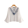 women stylish floral embroidery blouse V neck ruffled flare sleeve tassel tie shirts ladies white summer top blusas LA154