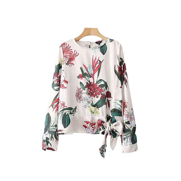 women sweet bow tie floral blouse long sleeve O neck pleated shirts retro ladies office wear casual tops blusas LA177