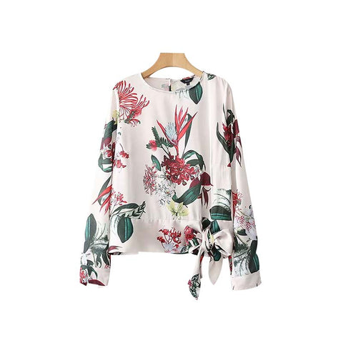 women sweet bow tie floral blouse long sleeve O neck pleated shirts retro ladies office wear casual tops blusas LA177