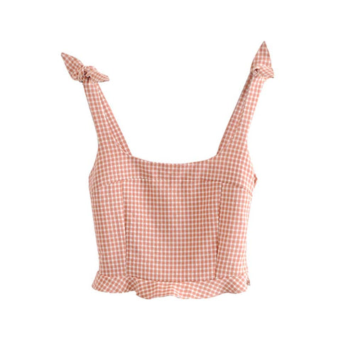 women sweet bow tie plaid blouses ruffled sleeveless backless shirts ladies summer casual cute tops blusas WA125