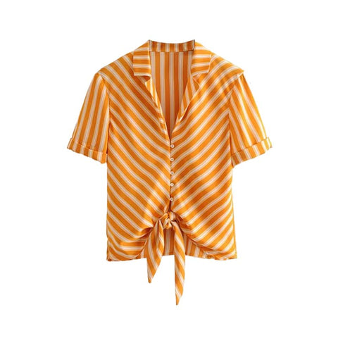 women sweet bow tie striped blouse short sleeve turn down collar shirts summer ladies casual chic tops blusas DA161