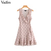 women sweet dot ruffled wrap dress V neck bow tie sashes sleeveless ladies summer cute pink mini dresses vestidos QA277
