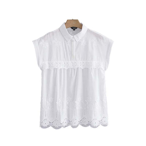 women sweet embroidery blouses hollow out eyelet sleeveless shirts summer ladies casual white cute tops blusas WA120