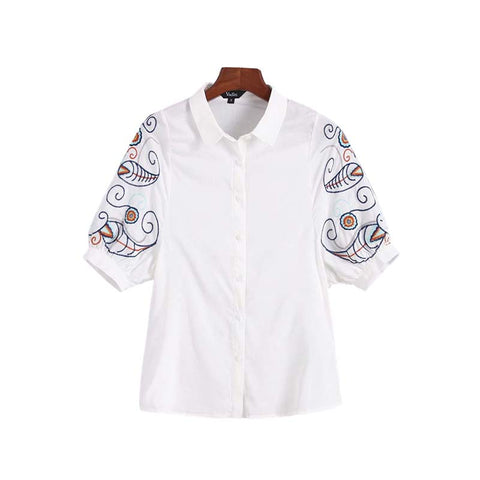 women sweet floral embroidery blouse short sleeve turn down collar shirts summer ladies casual white tops blusas DA158