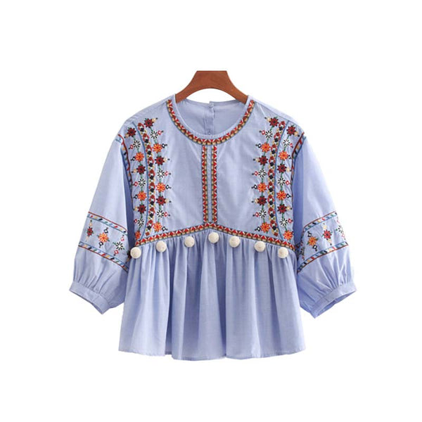 women sweet fur ball decorate blouses floral embroidery o neck pleated shirts ladies streetwear casual tops blusas LA194
