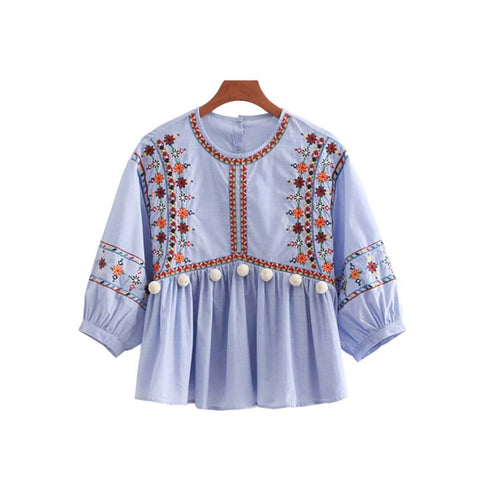 women sweet fur ball decorate blouses floral embroidery o neck pleated shirts ladies streetwear casual tops blusas LA194