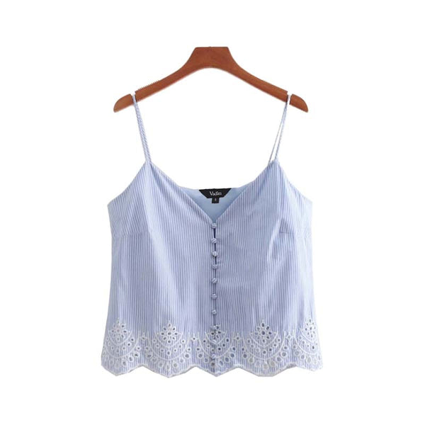 women sweet hollow out embroidery camis blouse V neck sleeveless spaghetti straps shirts female casual chic tops WA061