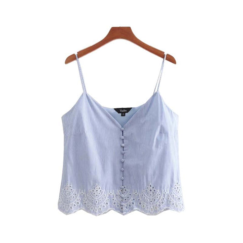 women sweet hollow out embroidery camis blouse V neck sleeveless spaghetti straps shirts female casual chic tops WA061