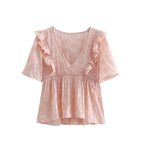 women sweet ruffled embroidery blouse V neck hollow out short sleeve pleated shirts ladies casual cute tops blusas DA168
