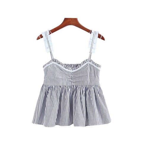 women sweet ruffles striped camis blouse sexy V neck sleeveless straps shirts pleated female casual chic tops WA063