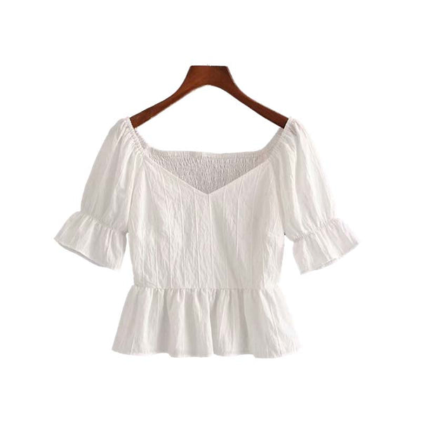 women sweet ruffles white crop top V neck short sleeve pleated blouse short style shirt female summer top blusas DA159