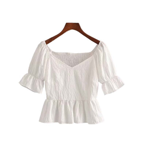 women sweet ruffles white crop top V neck short sleeve pleated blouse short style shirt female summer top blusas DA159