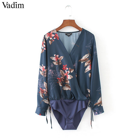 women vintage V neck floral print bodysuits shirt bow tie long sleeve elastic waist blouse playsuit ladies casual tops