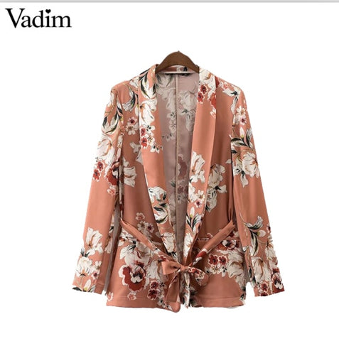 women vintage floral print blazer Notched collar sashes long sleeve coat casual outerwear casaco feminine tops CT1452
