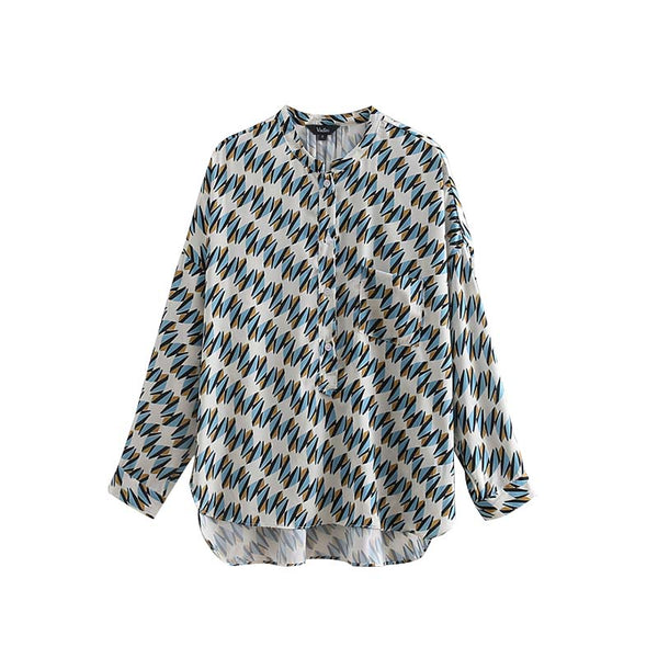 women vintage geometric pattern blouse pocket long sleeve pleated shirts ladies fashion chic tops blusas LA172