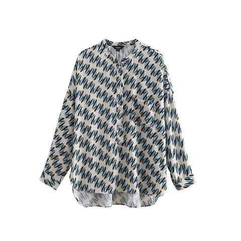 women vintage geometric pattern blouse pocket long sleeve pleated shirts ladies fashion chic tops blusas LA172