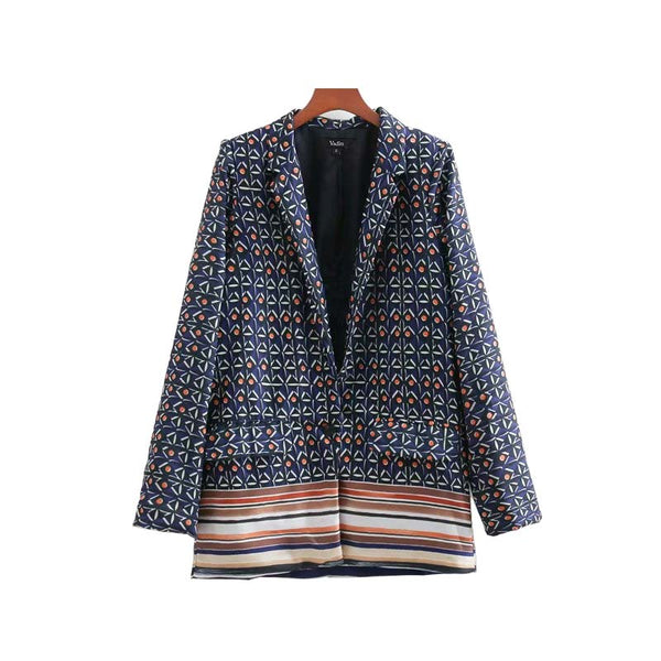 women vintage geometric striped blazer pockets long sleeve coat female casual outerwear casaco feminine tops CA031