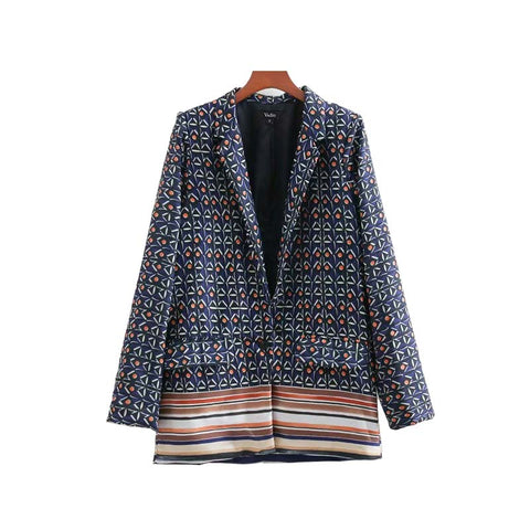 women vintage geometric striped blazer pockets long sleeve coat female casual outerwear casaco feminine tops CA031