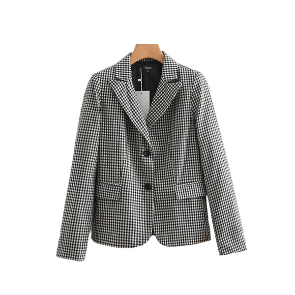 women vintage plaid blazer pockets single breasted long sleeve coat retro female casual outerwear chic tops CA039
