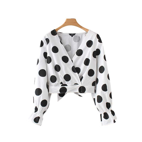 women vintage polka dot print crop tops V neck back bow tie long sleeve blouse short style ladies summer shirts LA197