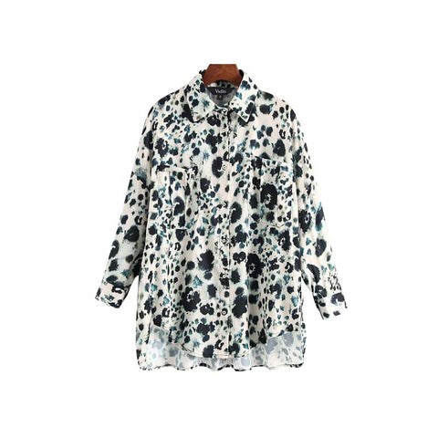 women vintage print oversized blouse pocket long sleeve pleated irregular shirt ladies office wear loose tops blusas LA175