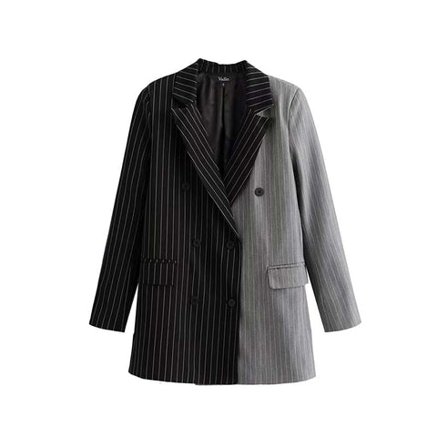 women vintage stripe patchwork blazer double breasted pockets long sleeve female fashion outerwear casual tops CA004