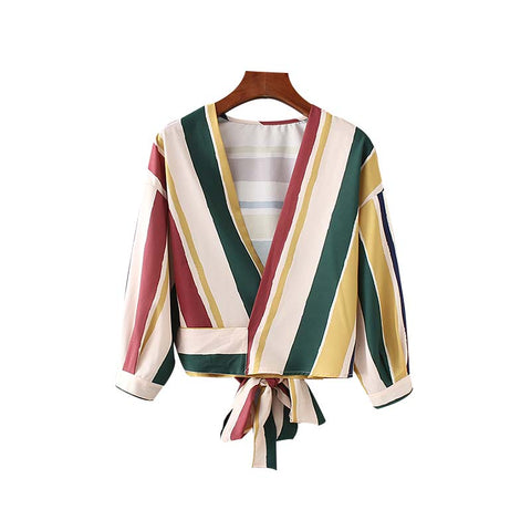 women vintage striped crop tops cross V neck back bow tie long sleeve blouse short style tunic ladies chic shirts LA203