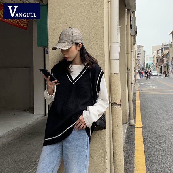 Vangull Women Vest Simple All-match Patchwork Korean Style V-neck Knitted Sweater Leisure Student Sleeveless Female Vintage Vest