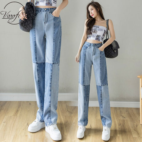 Varofi Spliced jeans female design color collision high waist loose sense straight leg pants patchwork jeans  y2k jeans  jeand