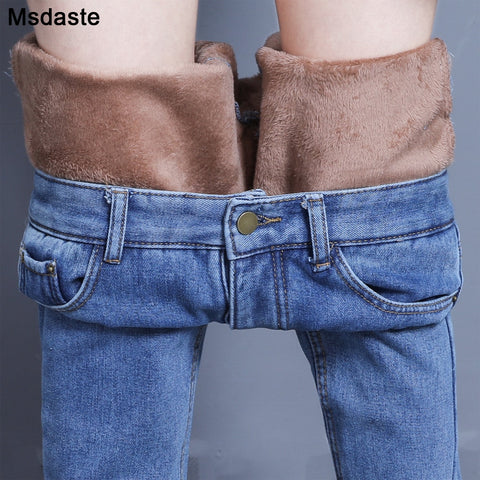 Velvet Jeans Pants For Women Winter Wear Mom Straight Denim Pants With Fleeces Ladies Thick Warm Female Pencil Denim Trousers