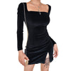 Velvet Women Dress  Autumn Winter Long Sleeve Square Collar Mini Short Dresses  Bodycon Modis Soild Split Dress Femme