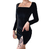 Velvet Women Dress  Autumn Winter Long Sleeve Square Collar Mini Short Dresses  Bodycon Modis Soild Split Dress Femme