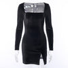 Velvet Women Dress  Autumn Winter Long Sleeve Square Collar Mini Short Dresses  Bodycon Modis Soild Split Dress Femme