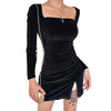 Velvet Women Dress  Autumn Winter Long Sleeve Square Collar Mini Short Dresses  Bodycon Modis Soild Split Dress Femme