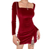 Velvet Women Dress  Autumn Winter Long Sleeve Square Collar Mini Short Dresses  Bodycon Modis Soild Split Dress Femme