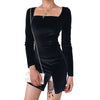 Velvet Women Dress  Autumn Winter Long Sleeve Square Collar Mini Short Dresses  Bodycon Modis Soild Split Dress Femme