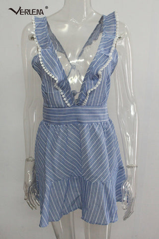Boho Blue White Stripe Tropical Sundress Sleeveless Frill Hem Sexy Dress Women Vestidos Skate Flare Mini Dresses